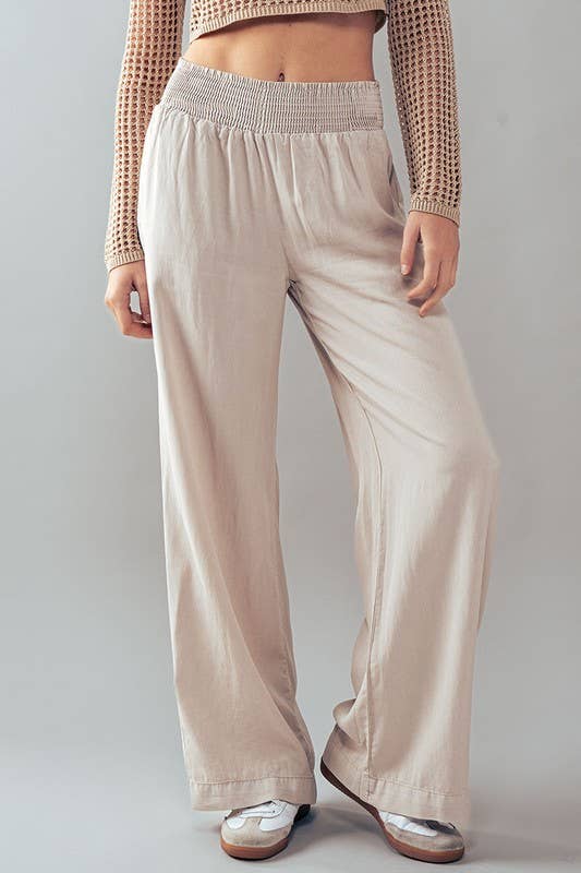 Smocked High Waist Wide Leg Side Pocket Pants