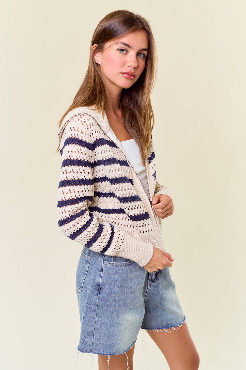 Zip-Up Striped Pointelle Open Knit Sweater