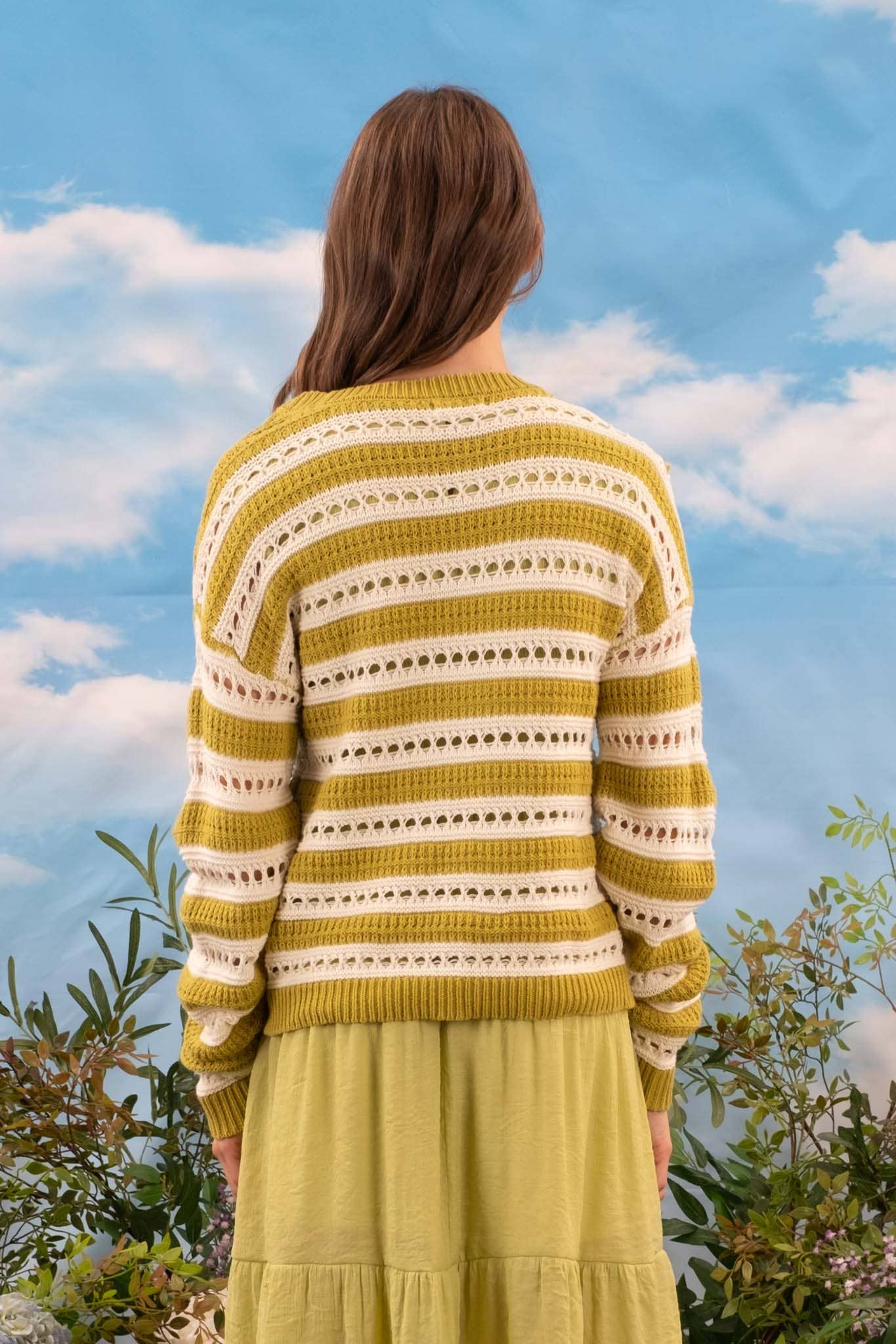 KELLY STRIPED EYELET KNIT PULLOVER SWEATER