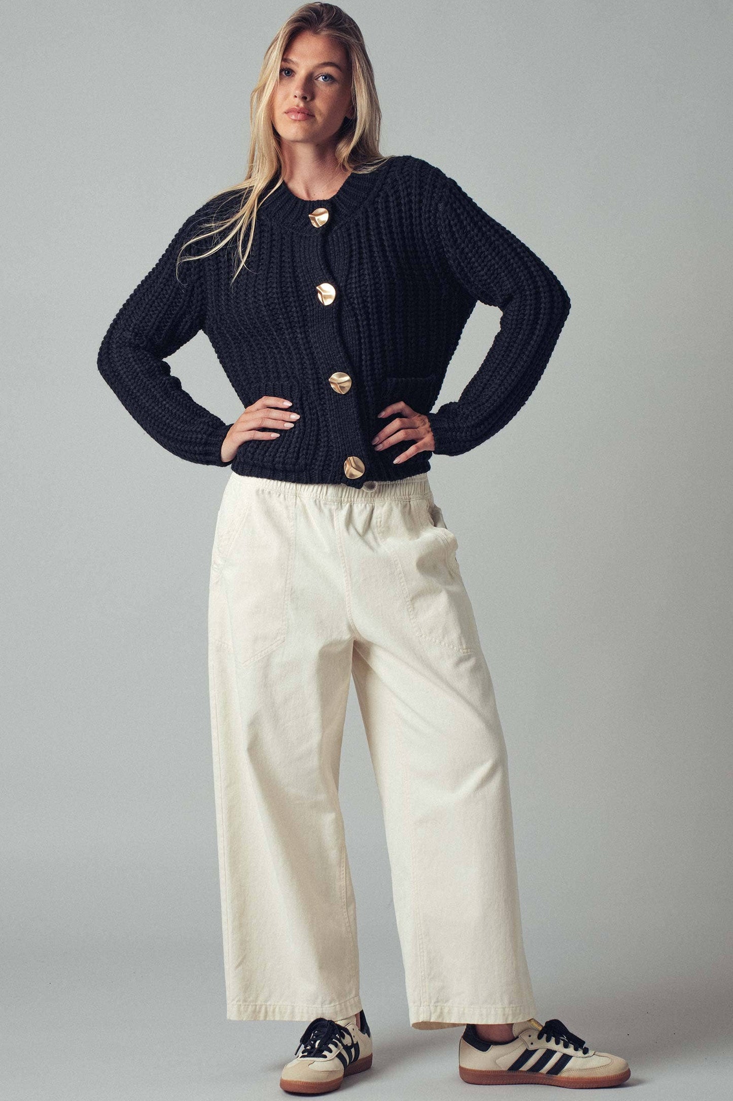 Chunky Gold Button Ribbed Knit Cardigan