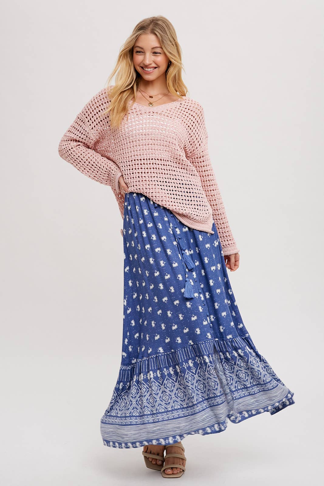 OPEN KNIT V-NECK PULLOVER