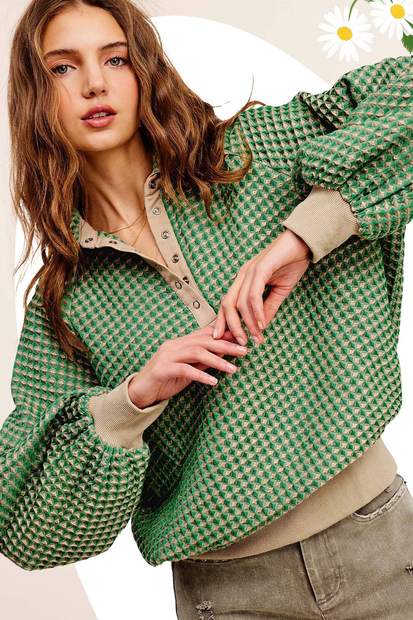 Two Tone Textured Snap Button Front Top