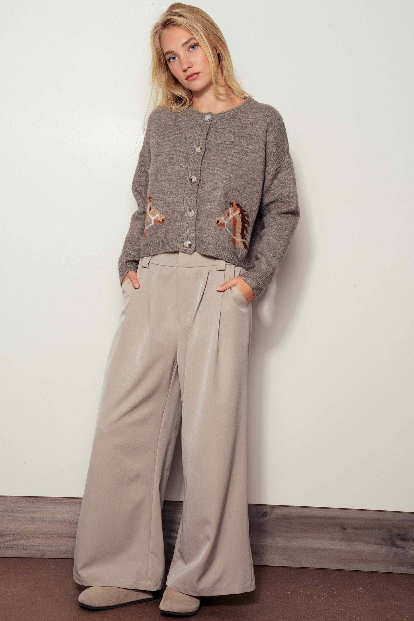 Western Horse Graphic Ribbed Trim Crew Neck Cardigan