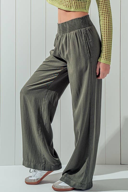 Smocked High Waist Wide Leg Side Pocket Pants