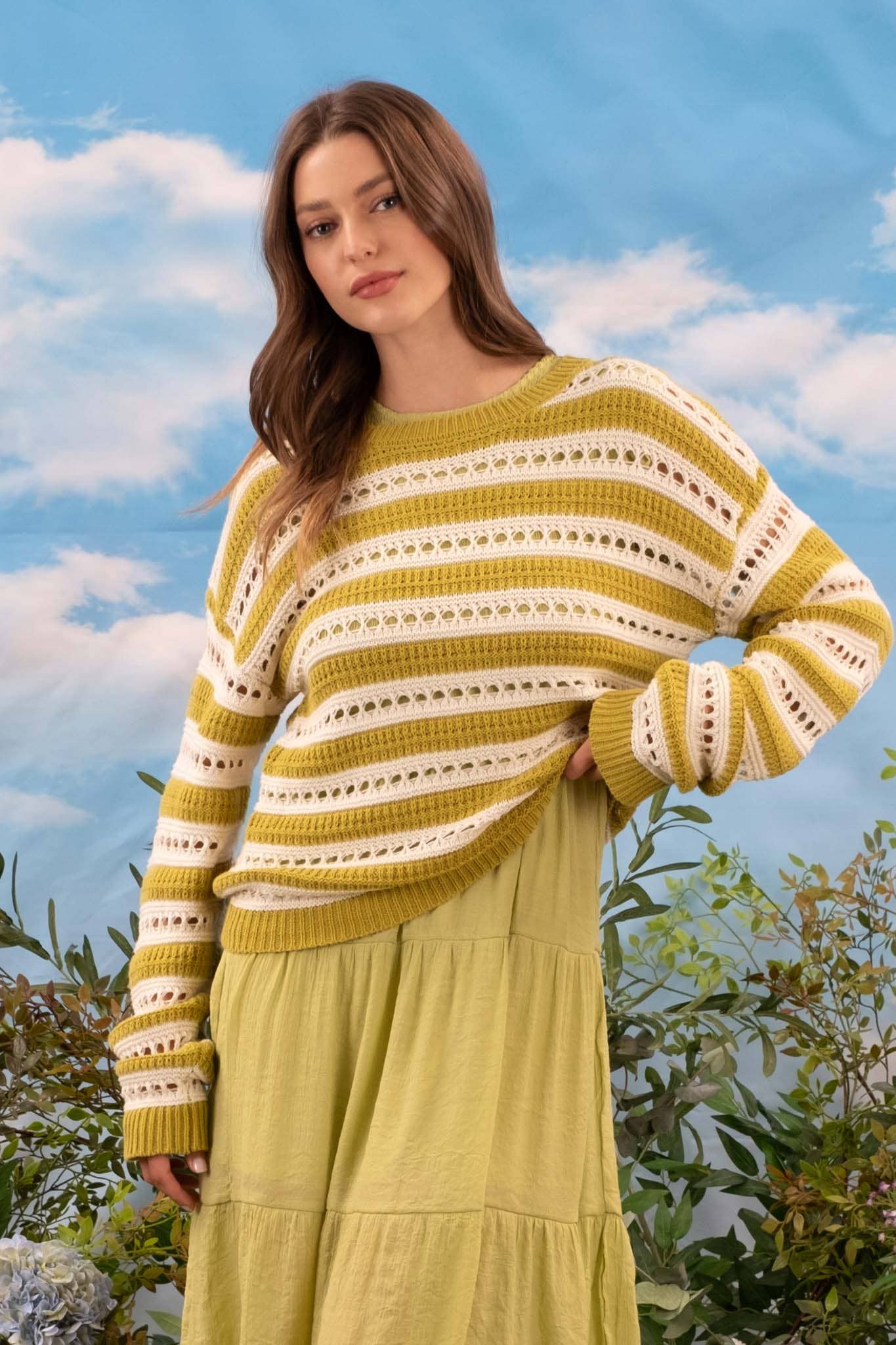 KELLY STRIPED EYELET KNIT PULLOVER SWEATER