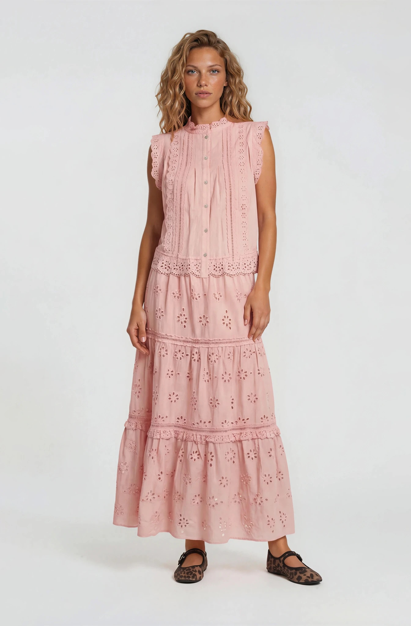 RUFFLE EYELET MAXI SKIRT