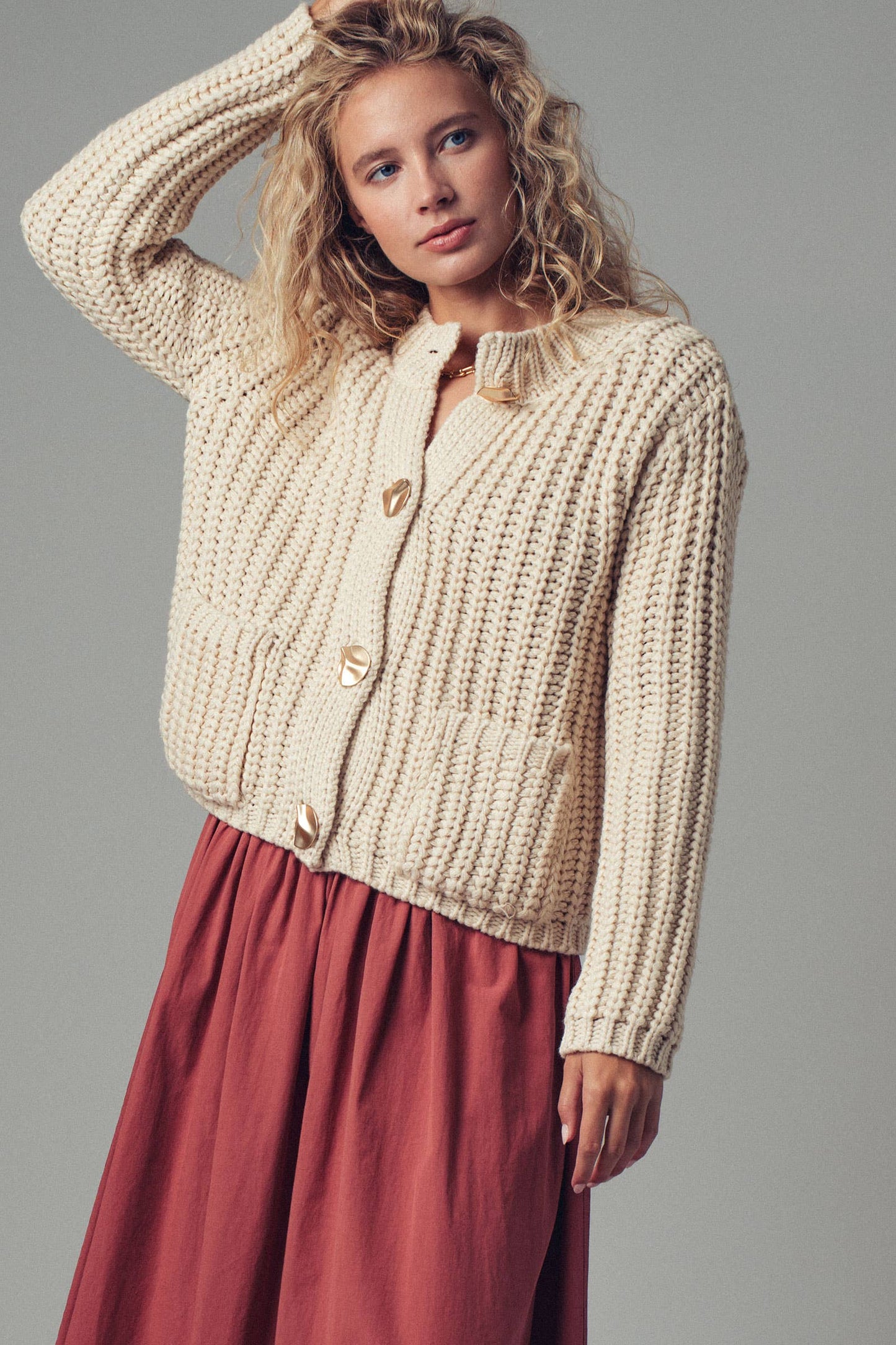 Chunky Gold Button Ribbed Knit Cardigan