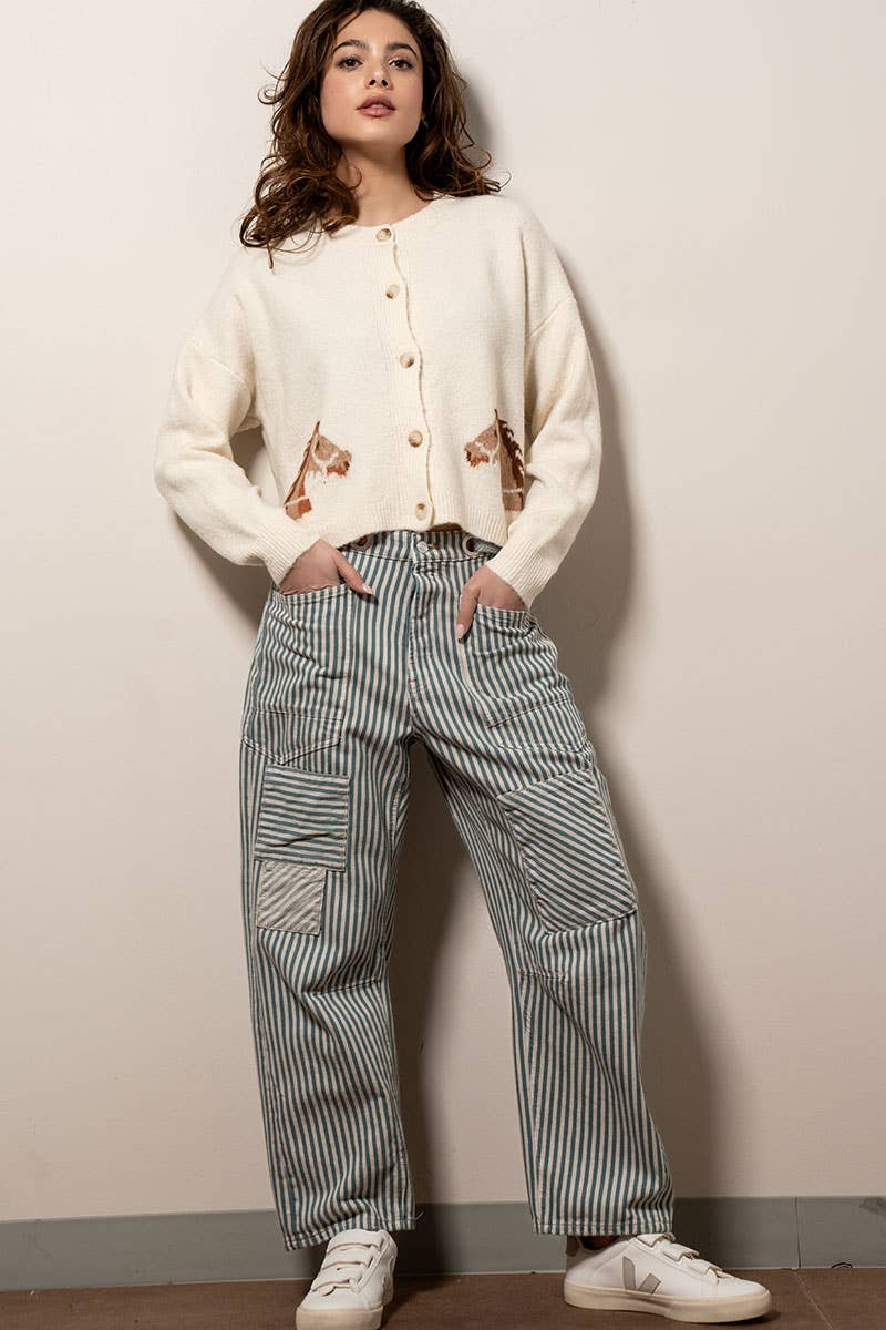 Western Horse Graphic Ribbed Trim Crew Neck Cardigan