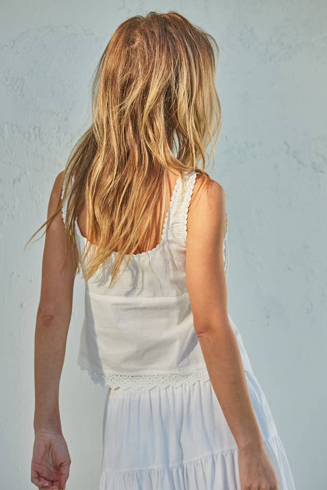 Lila Woven Cotton Eyelet Square Neck Sleeveless Top