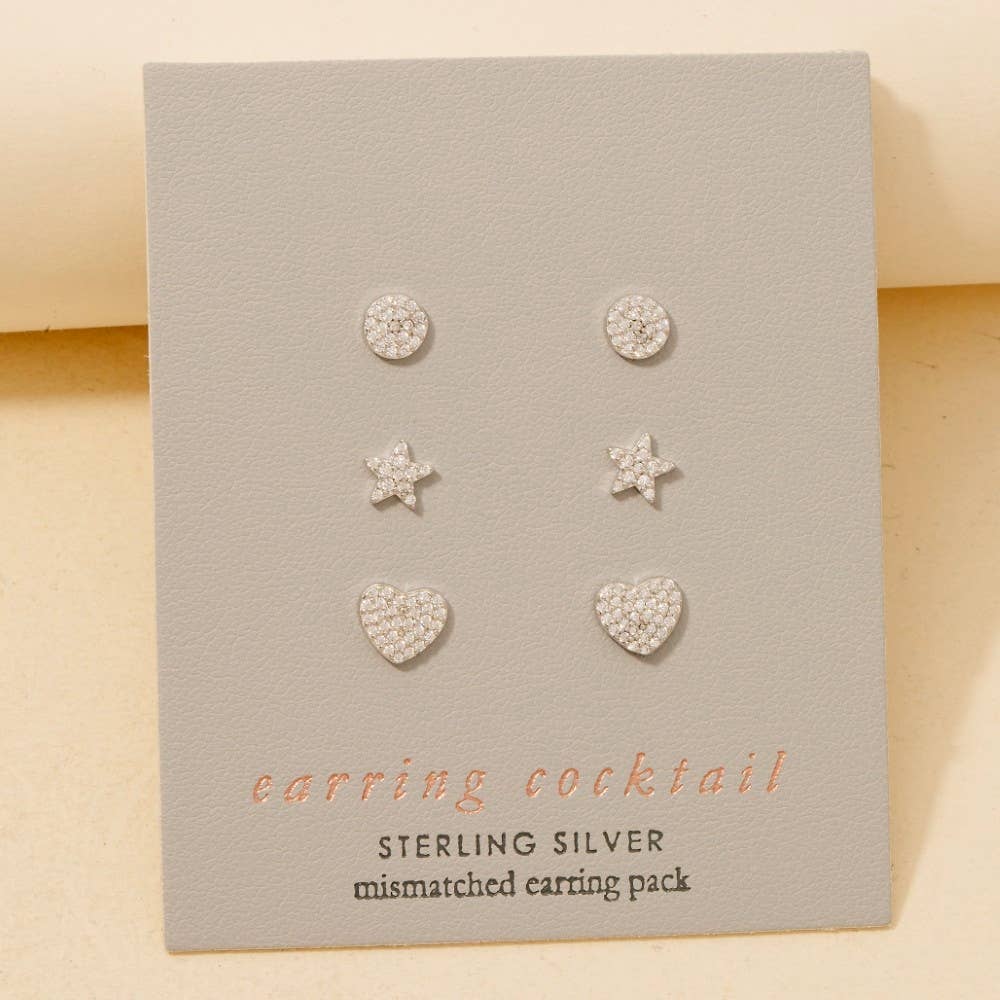 Sterling Silver Star Heart Disc Stud Earrings Set