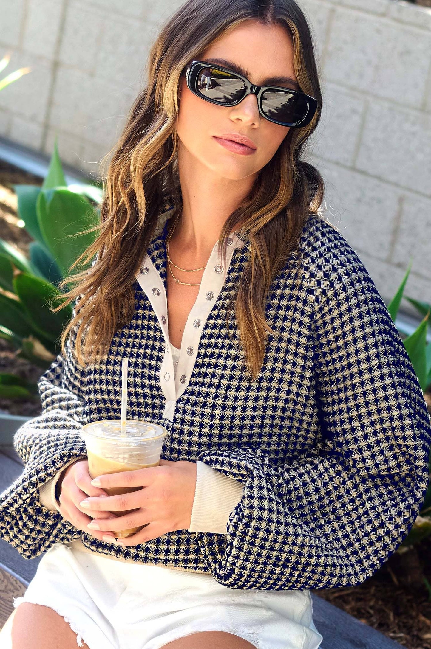 Two Tone Textured Snap Button Front Top