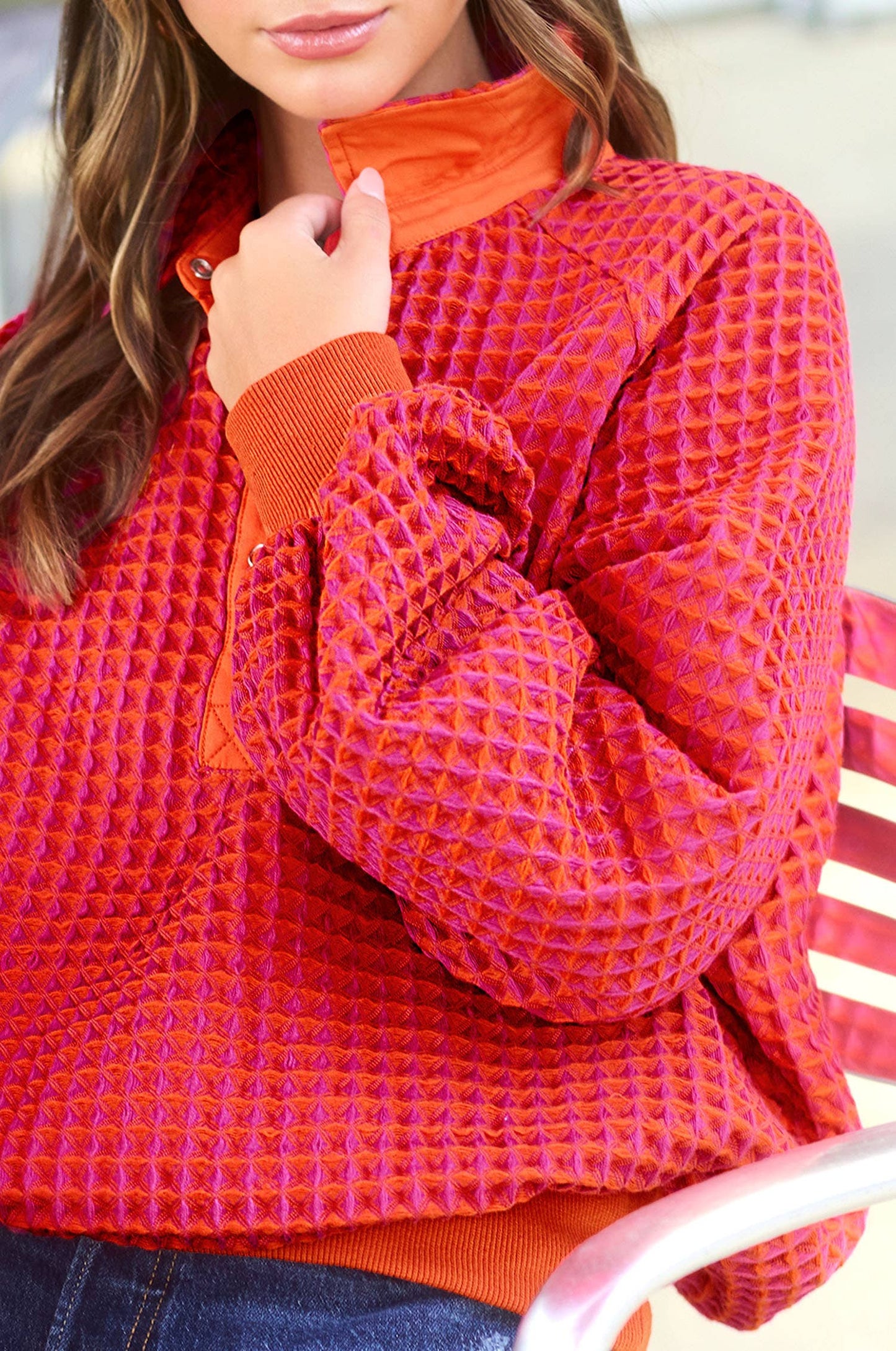 Two Tone Textured Snap Button Front Top