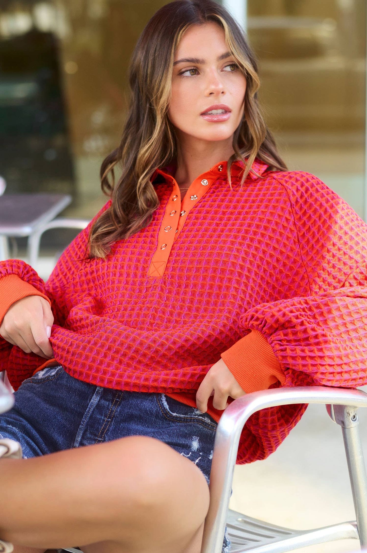 Two Tone Textured Snap Button Front Top
