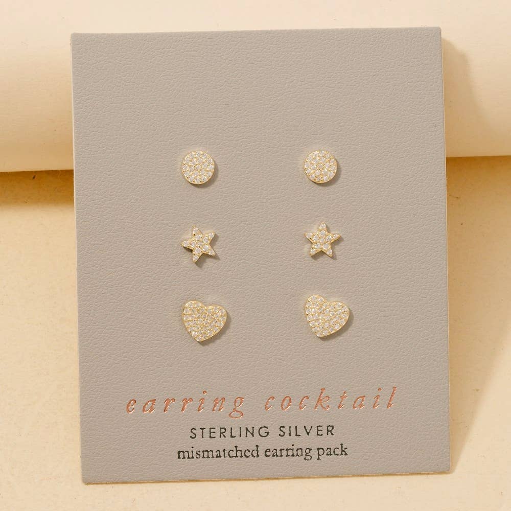 Sterling Silver Star Heart Disc Stud Earrings Set