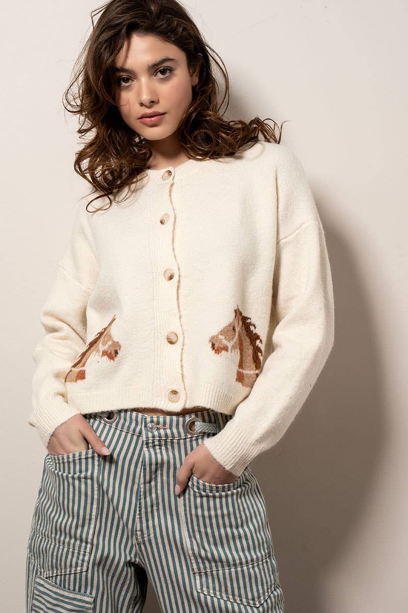 Western Horse Graphic Ribbed Trim Crew Neck Cardigan