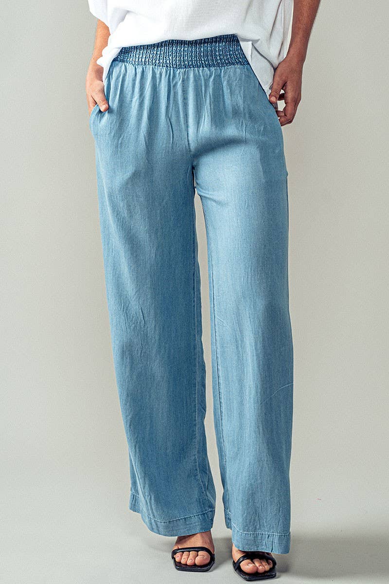 Smocked High Waist Wide Leg Side Pocket Pants