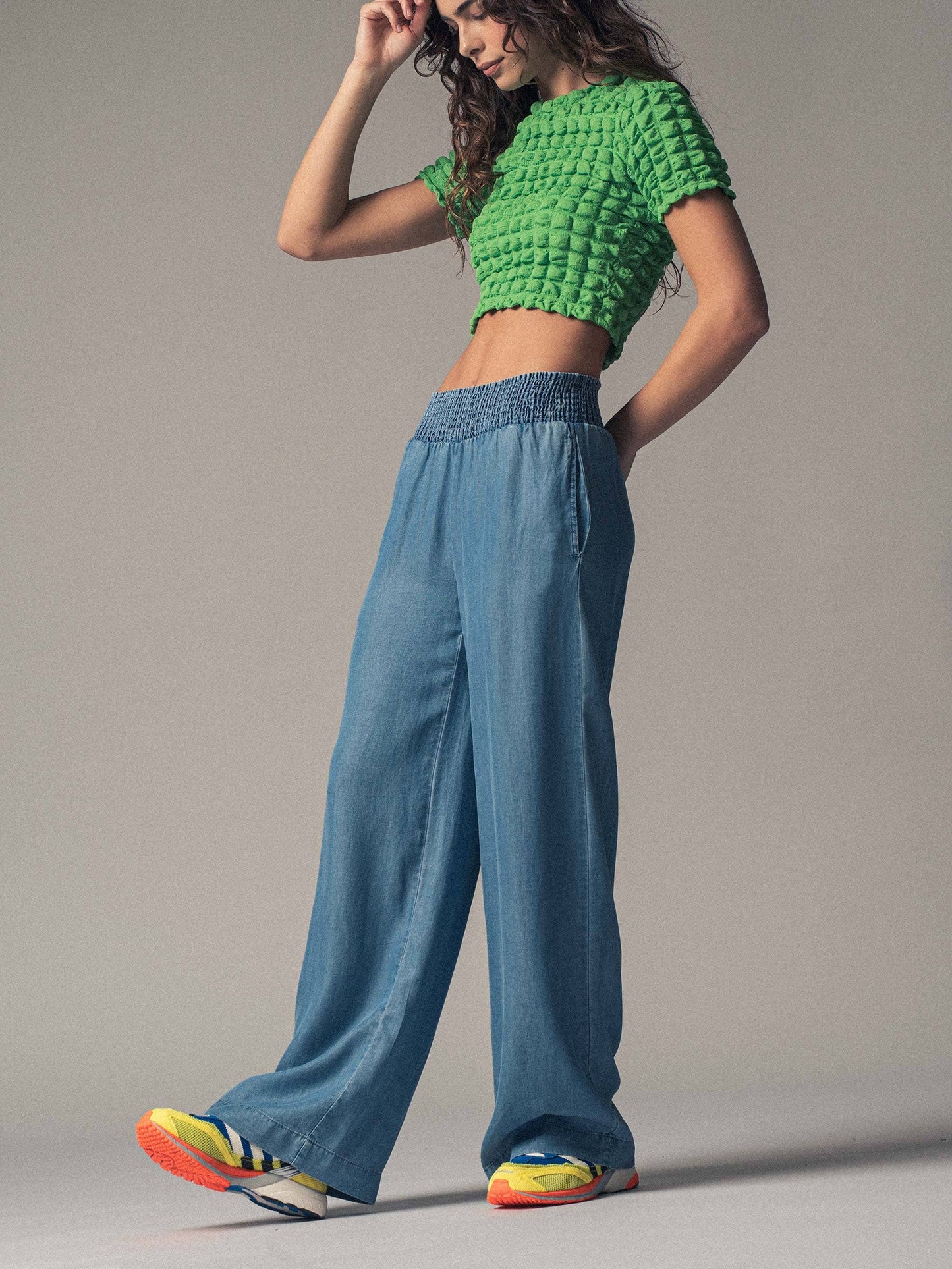 Smocked High Waist Wide Leg Side Pocket Pants