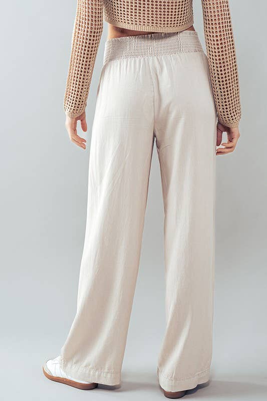 Smocked High Waist Wide Leg Side Pocket Pants