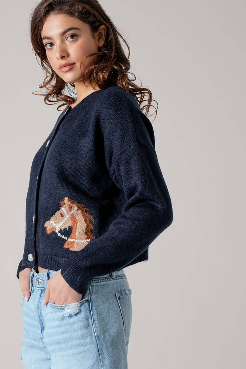 Western Horse Graphic Ribbed Trim Crew Neck Cardigan