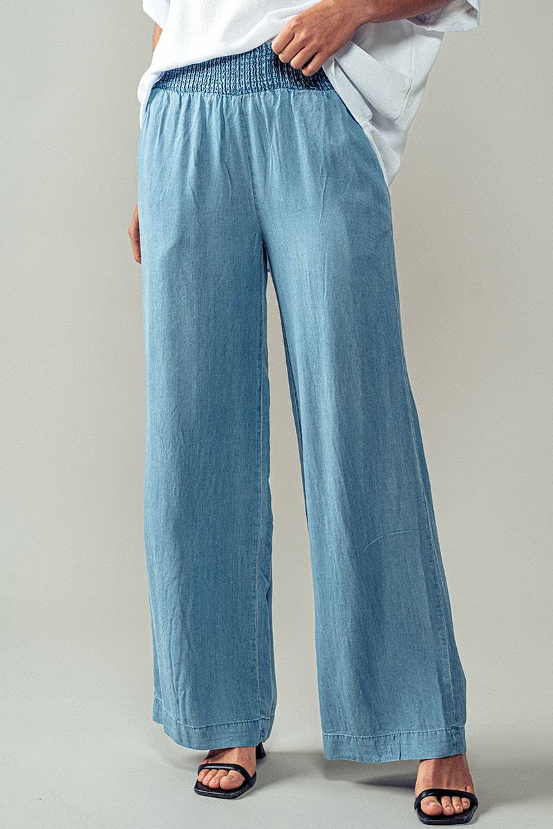 Smocked High Waist Wide Leg Side Pocket Pants