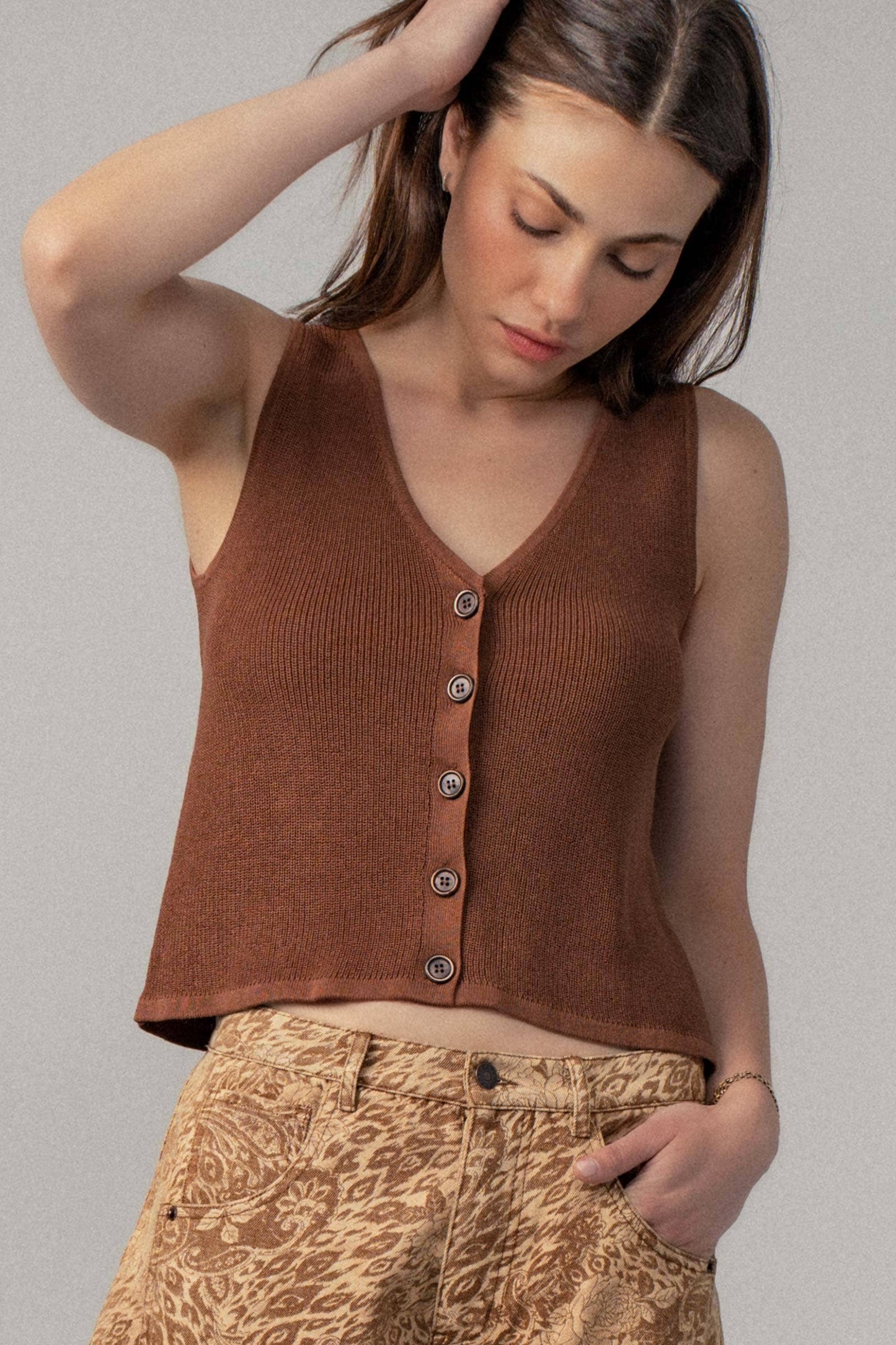 Button Front Crochet Knit Vest