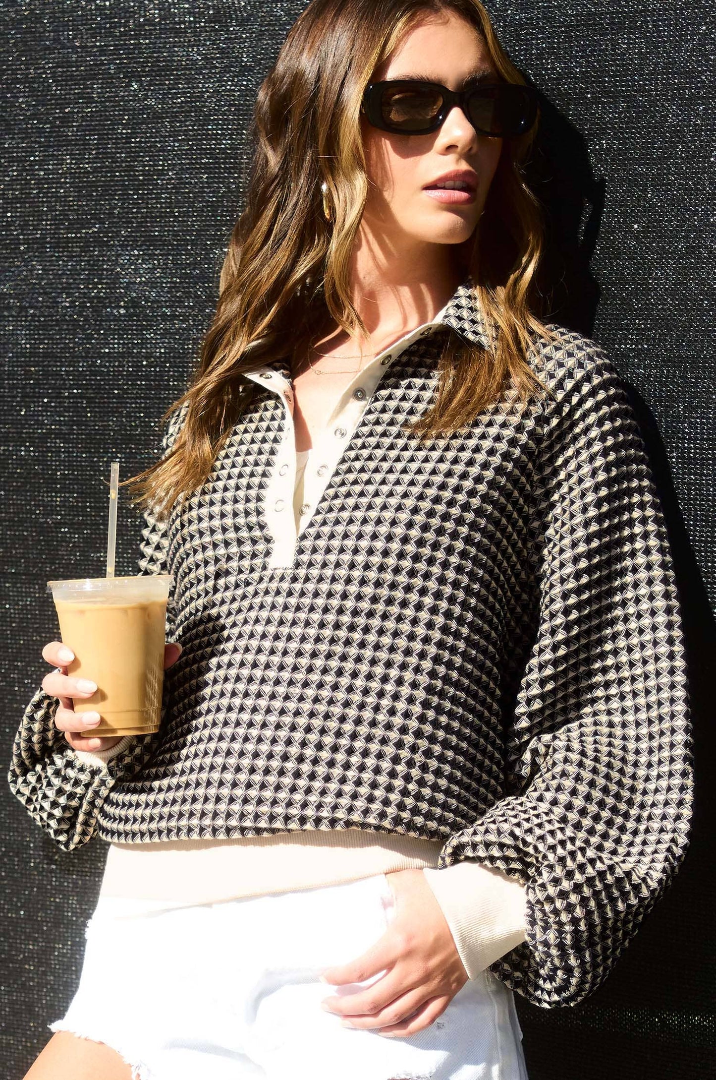 Two Tone Textured Snap Button Front Top