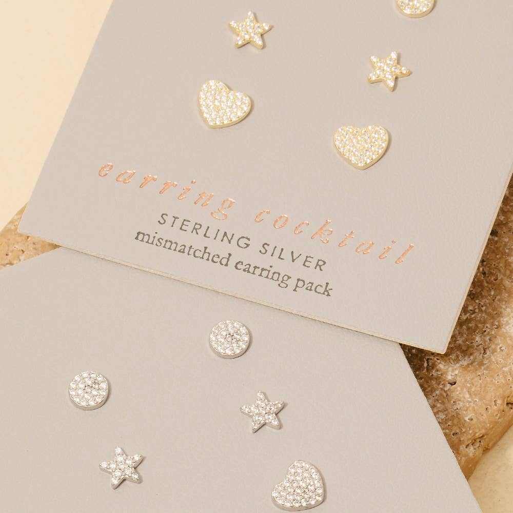 Sterling Silver Star Heart Disc Stud Earrings Set