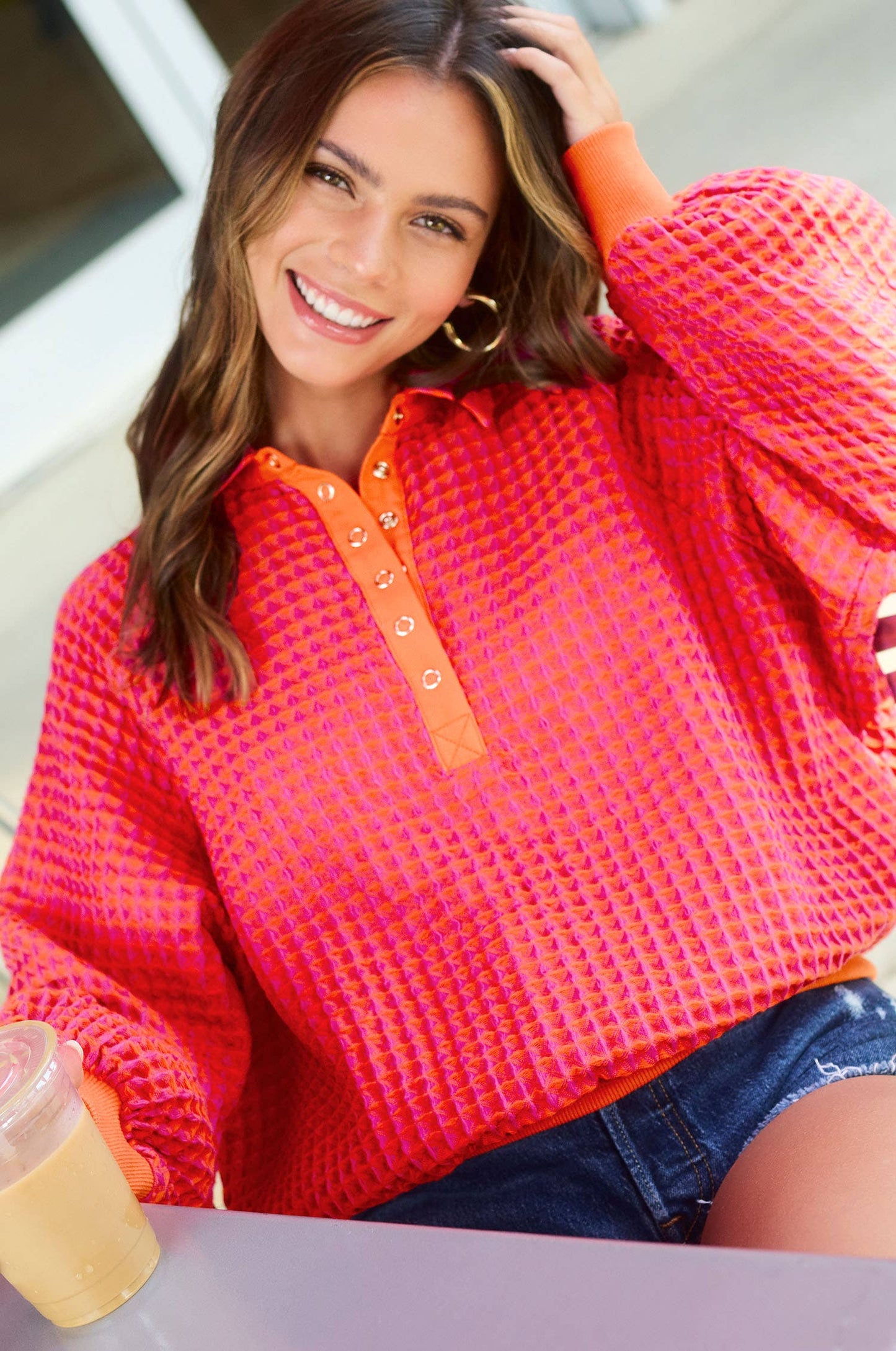 Two Tone Textured Snap Button Front Top