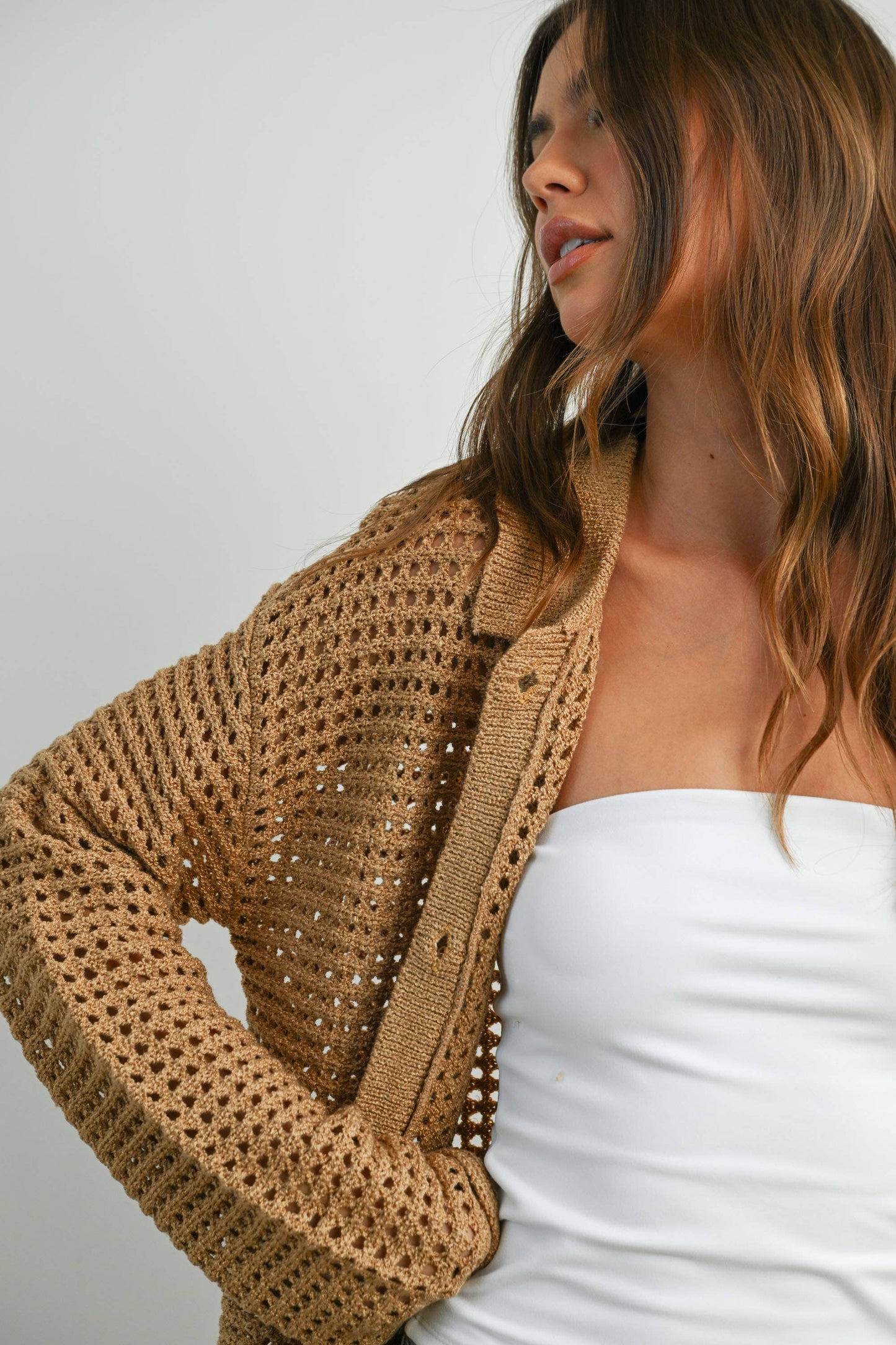 OPEN STITCH CROCHET COLLAR CARDIGAN