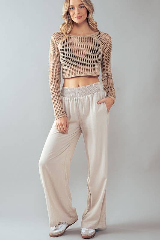 Smocked High Waist Wide Leg Side Pocket Pants