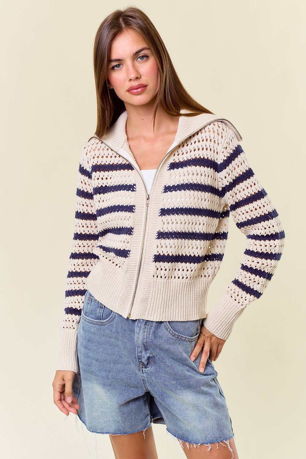 Zip-Up Striped Pointelle Open Knit Sweater