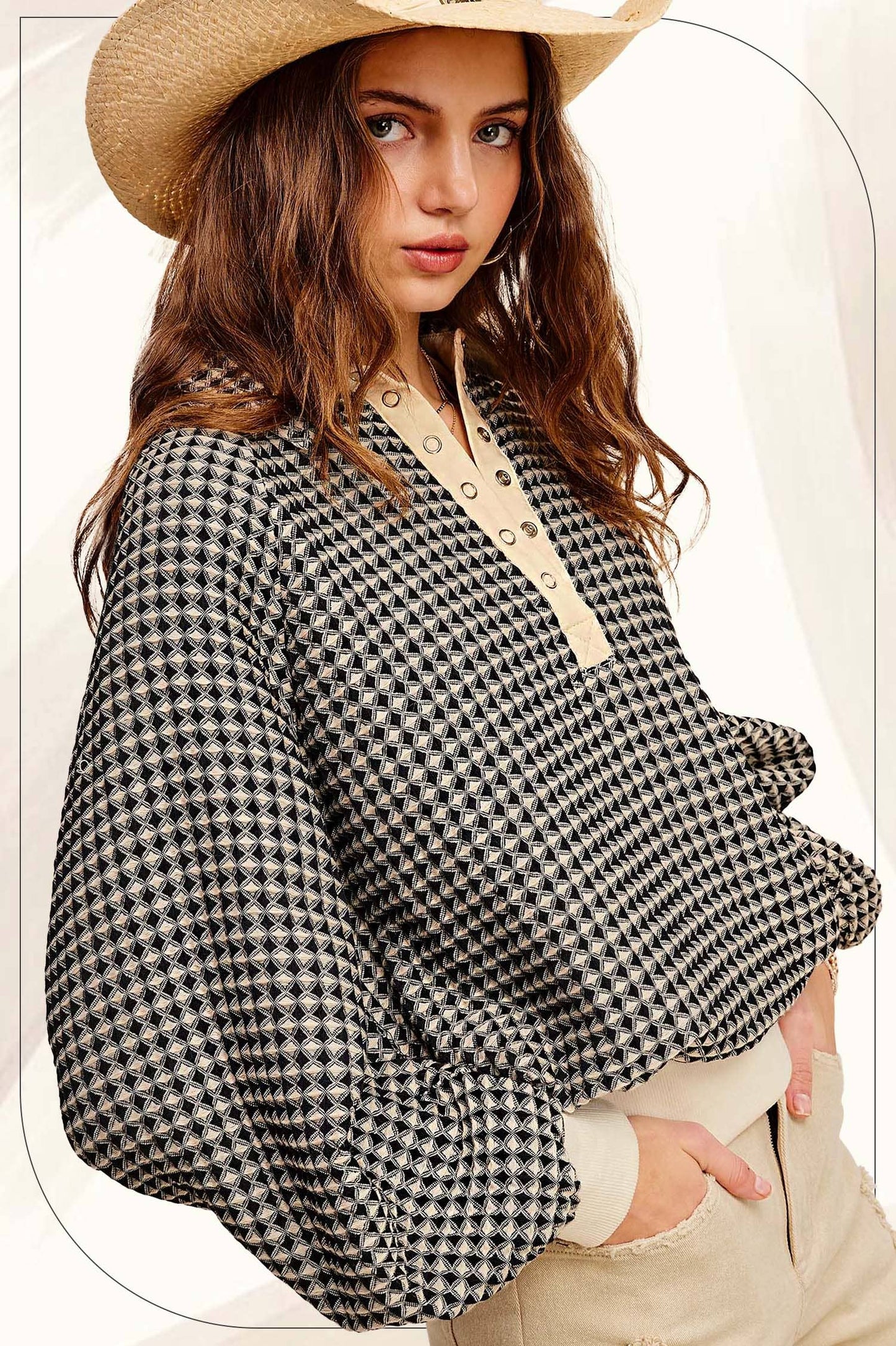 Two Tone Textured Snap Button Front Top