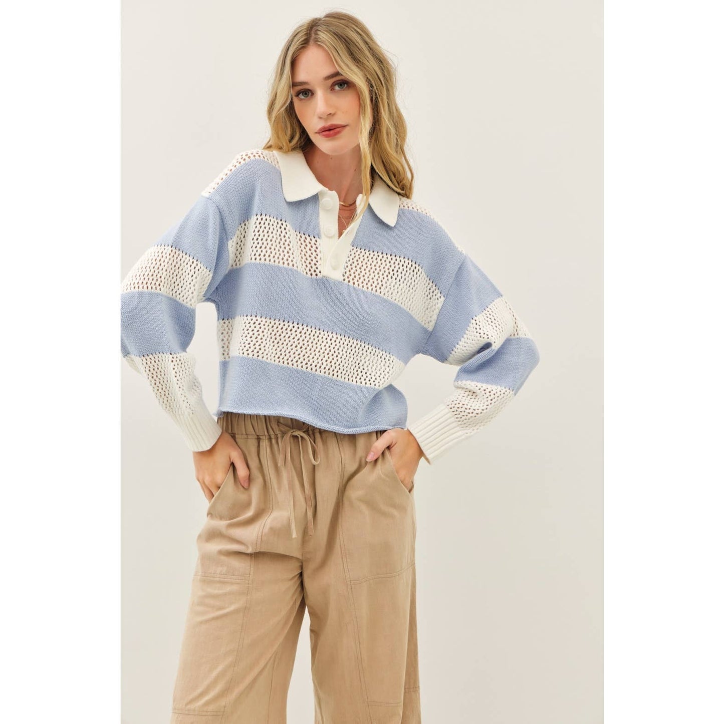 RUGBY-INSPIRED WIDE STRIPE LIGHTWEIGHT SWEATER & CROCHET TOP