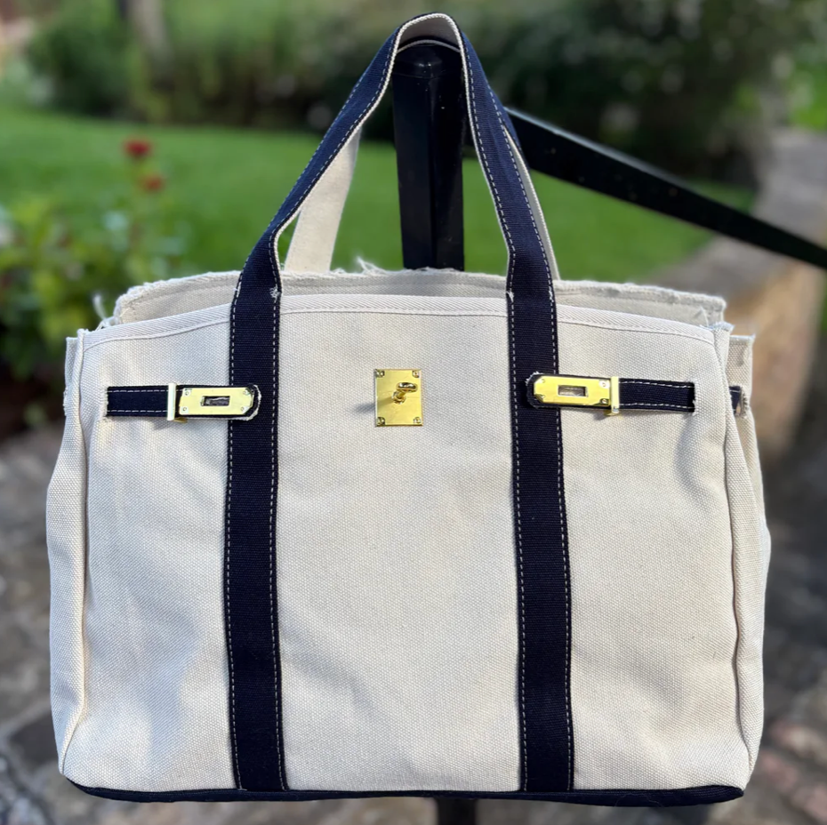 Canvas Tote Bag w/ Gold Buckle Hardware - Navy Trim
