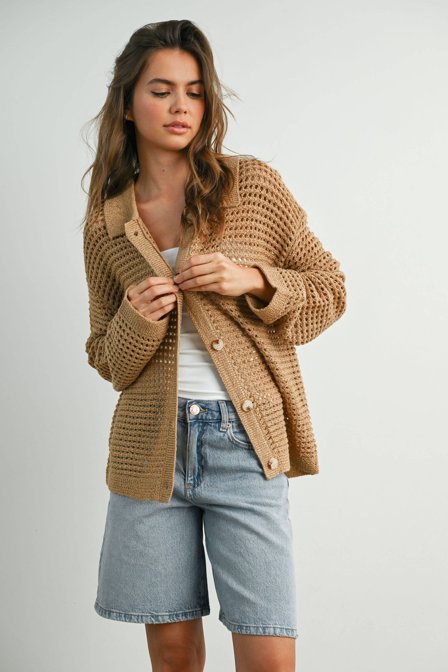OPEN STITCH CROCHET COLLAR CARDIGAN