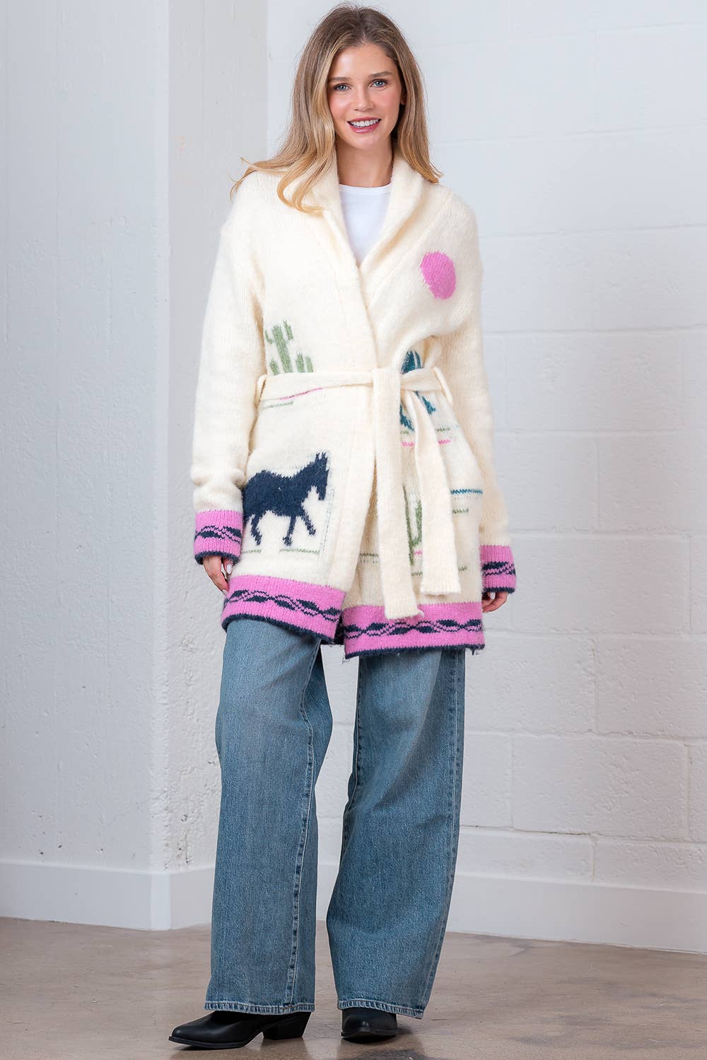 RELAX FIT HORSE ROBE SWEATER WITH SELF BELT
