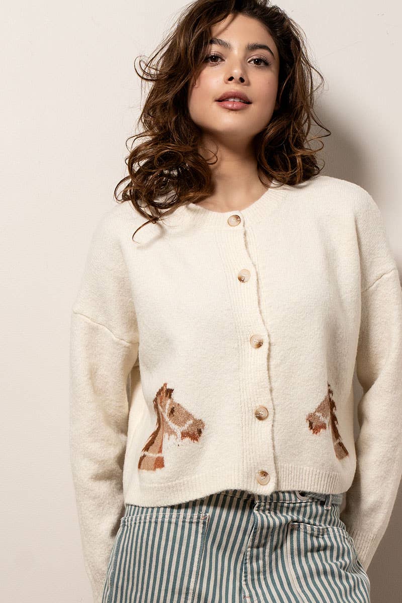 Western Horse Graphic Ribbed Trim Crew Neck Cardigan
