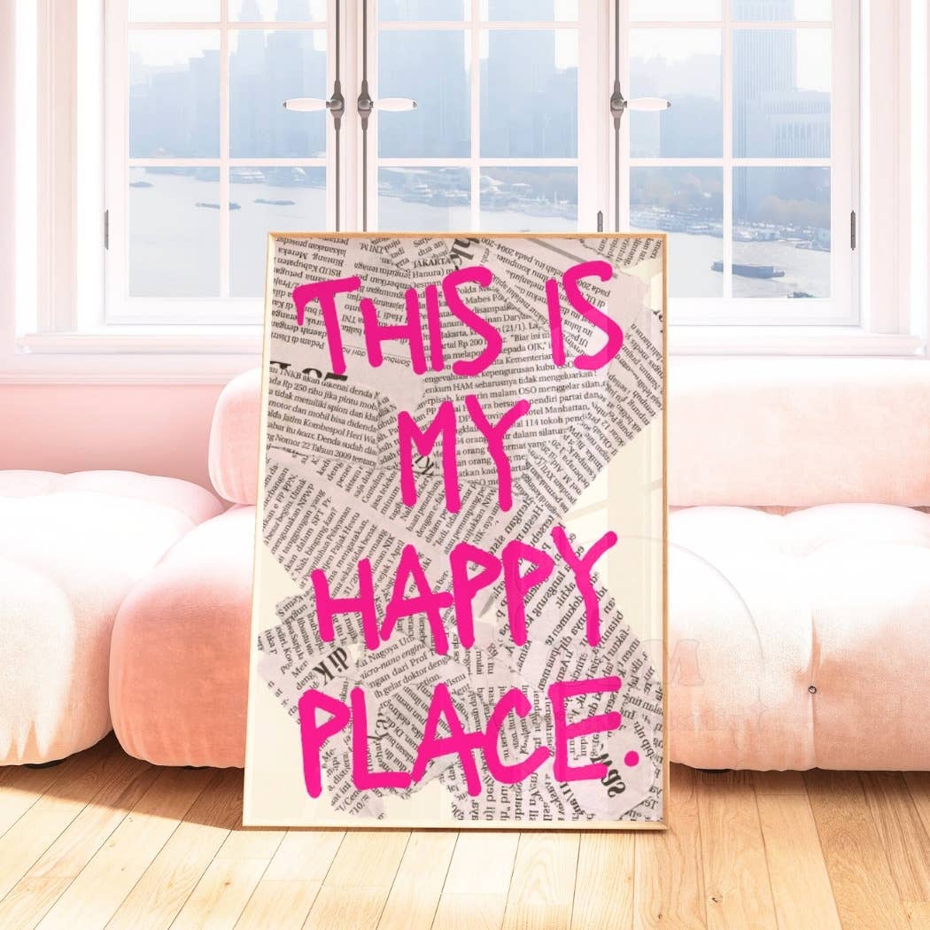 This Is My Happy Place Pink Retro Newspaper Wall Art Print