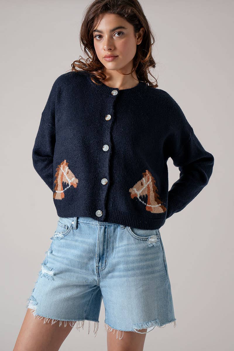 Western Horse Graphic Ribbed Trim Crew Neck Cardigan