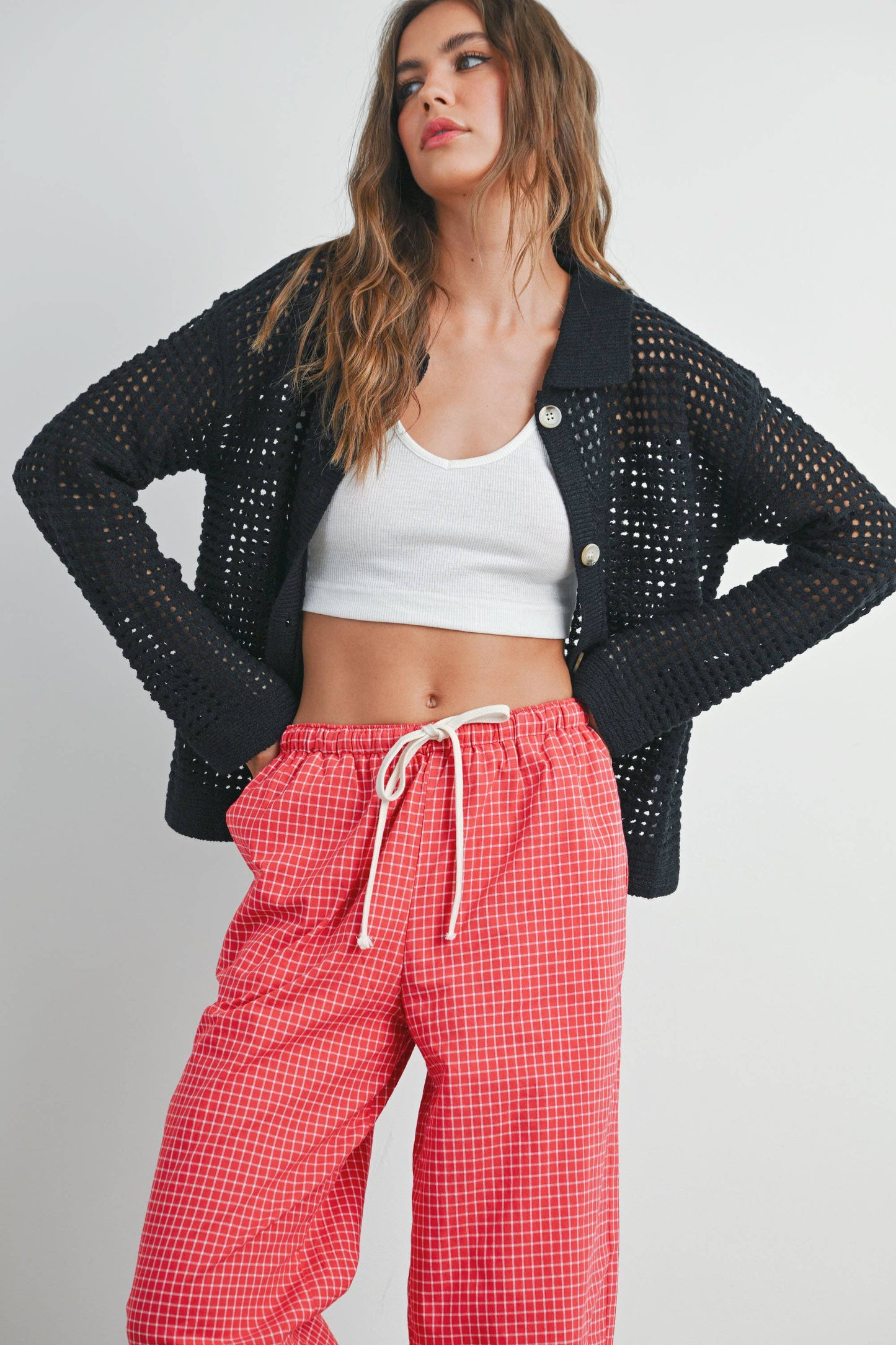 OPEN STITCH CROCHET COLLAR CARDIGAN