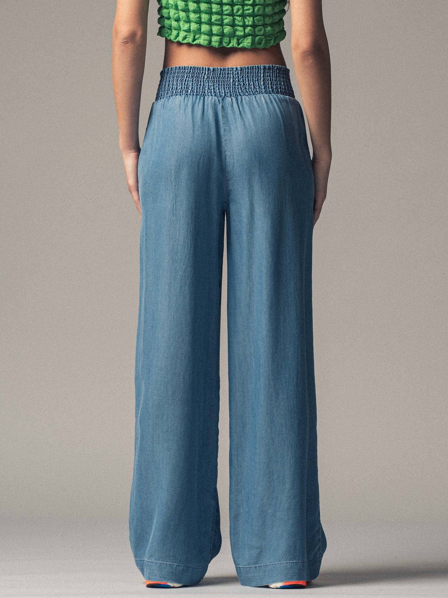 Smocked High Waist Wide Leg Side Pocket Pants