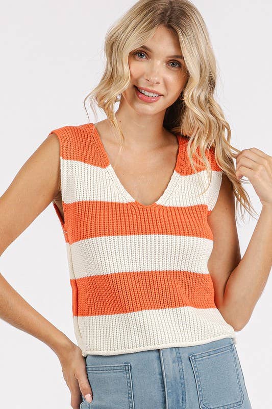 Striped V-neck Cropped Sweater Vest Top