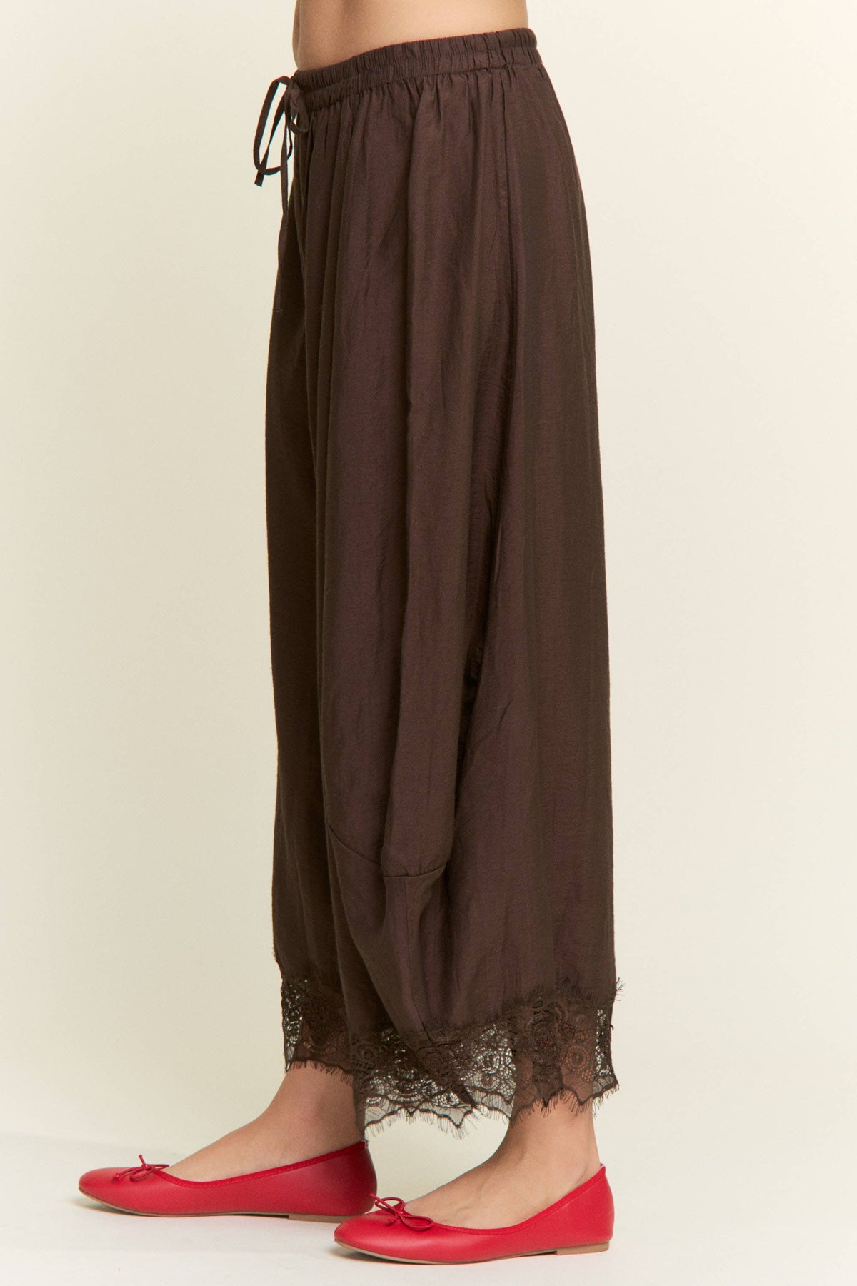 Chocolate Lace-Trim Relaxed Pants