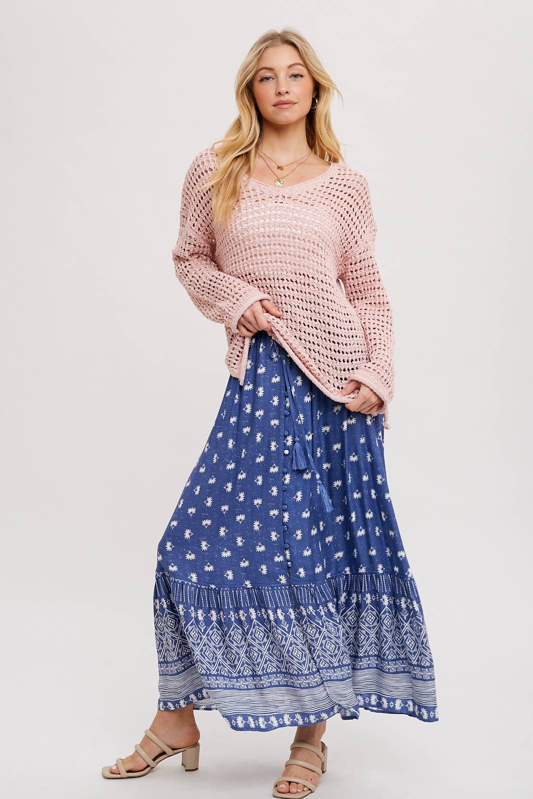 OPEN KNIT V-NECK PULLOVER