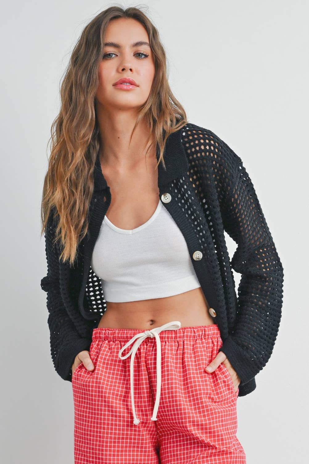 OPEN STITCH CROCHET COLLAR CARDIGAN