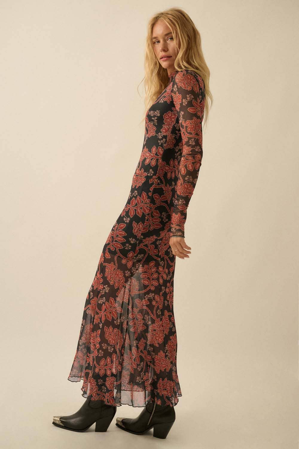 Floral Mesh Mock-Neck Thumbhole Maxi Dress
