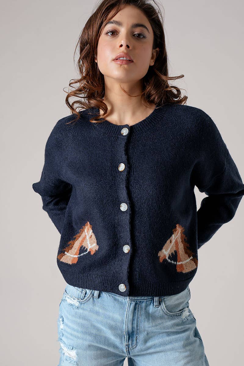 Western Horse Graphic Ribbed Trim Crew Neck Cardigan