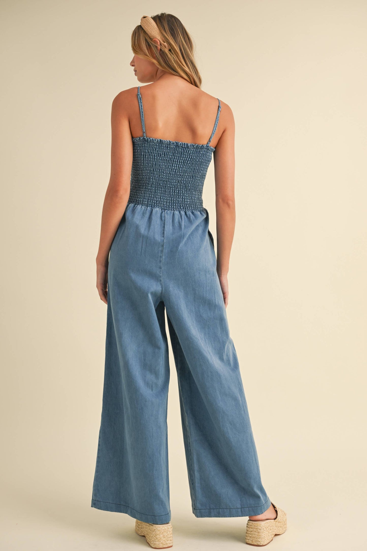 SMOCKED SPAGHETTI STRAP WIDE LEG JUMPSUIT