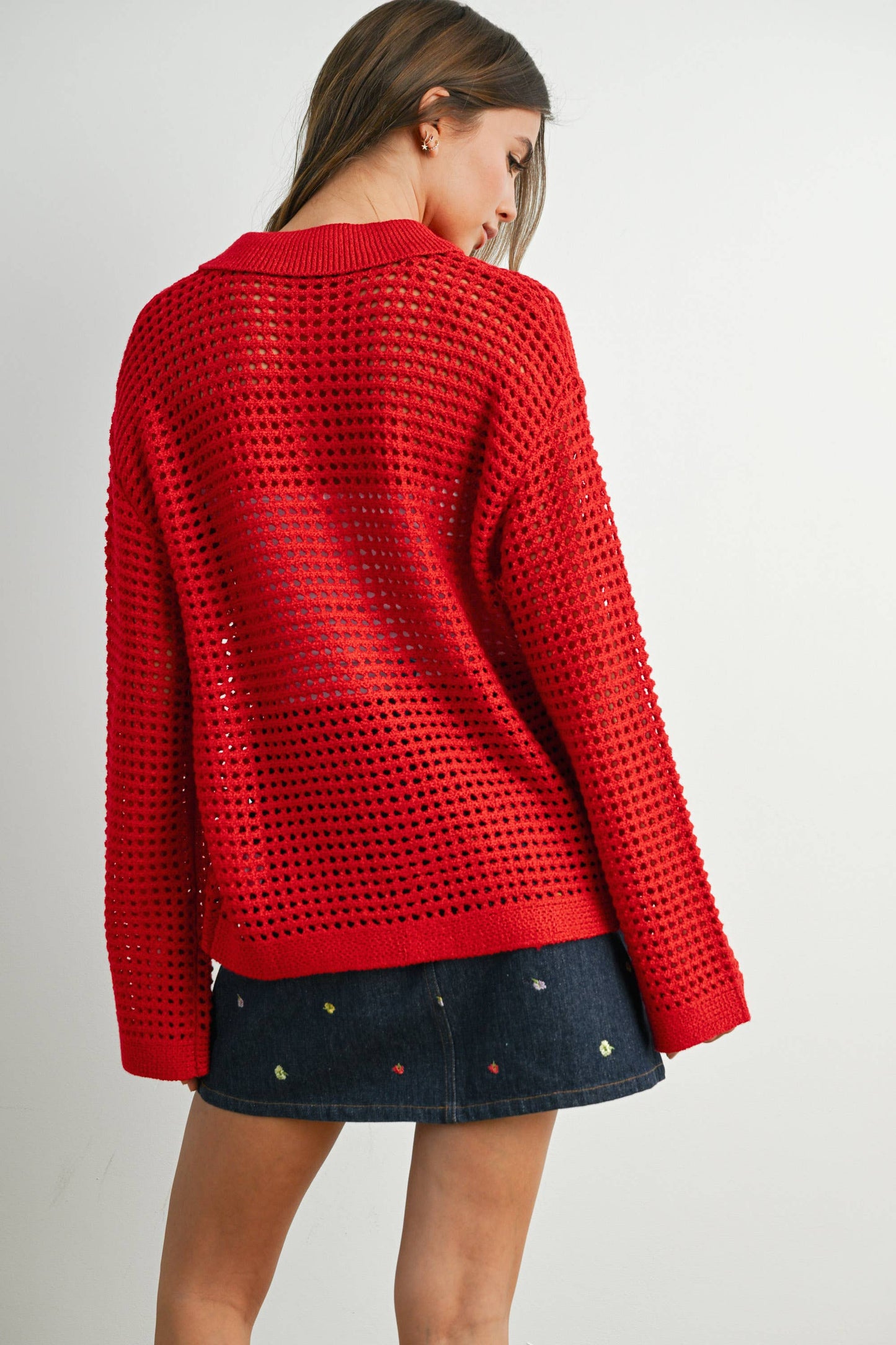 OPEN STITCH CROCHET COLLAR CARDIGAN