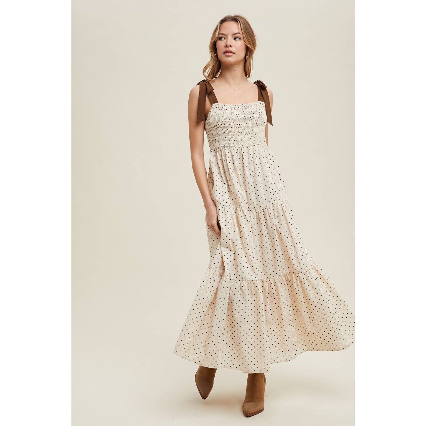 POLKA DOT TIERED MIDI DRESS